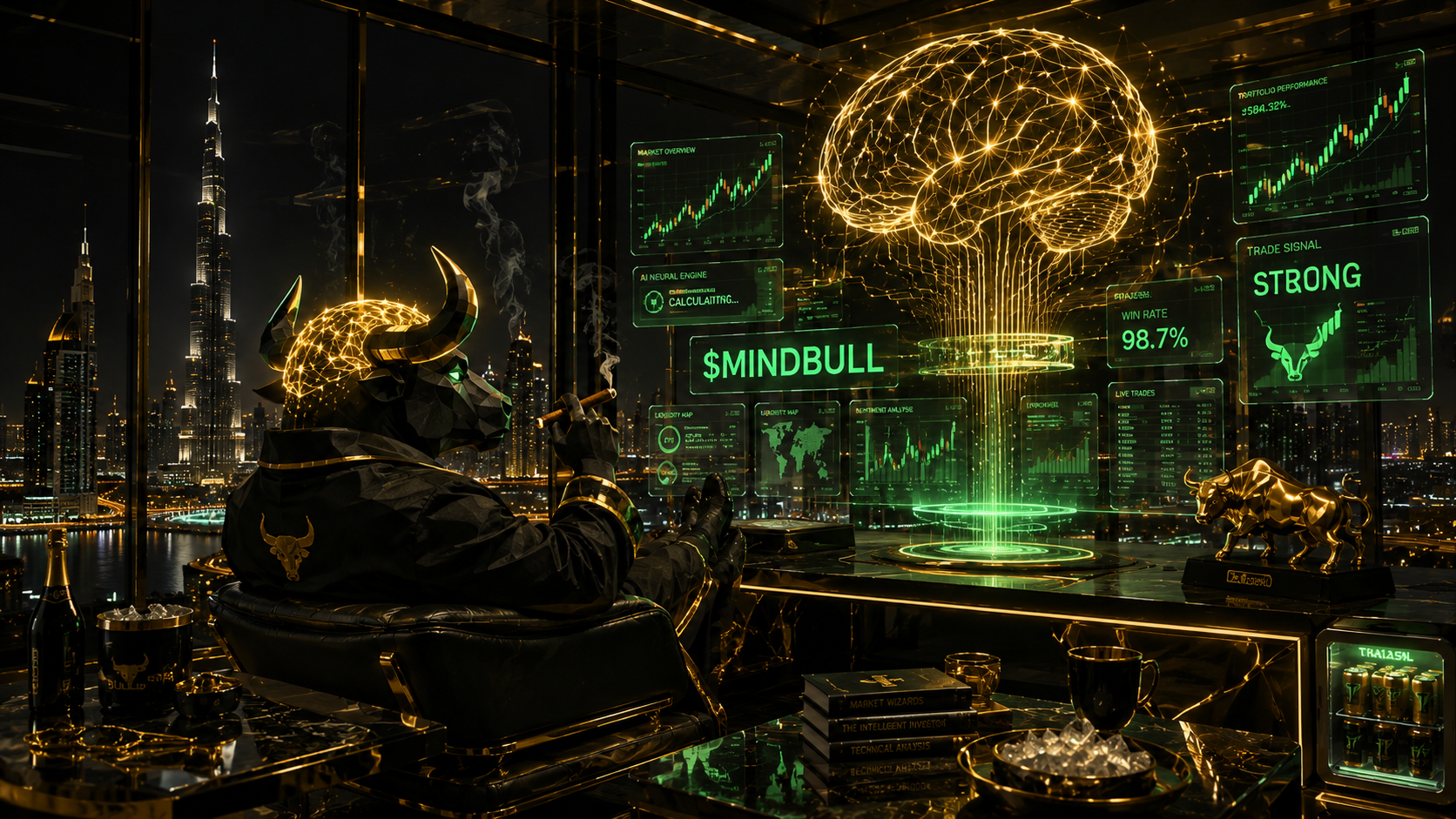 The Mind Bull smoking a cigar in a penthouse while a huge golden brain hologram floats over the desk