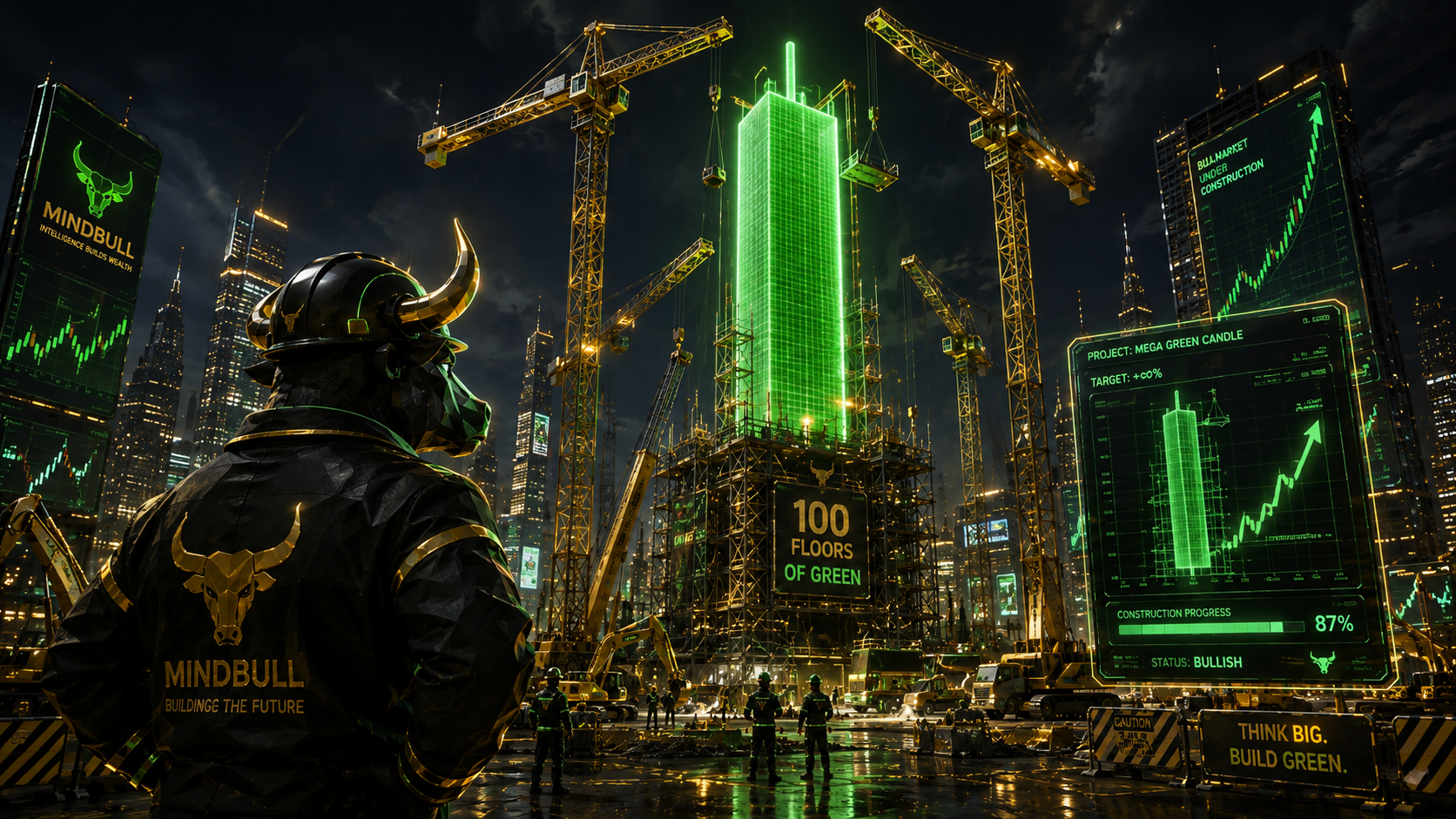 The Mind Bull in a hard hat watching gold cranes build an enormous glowing green tower